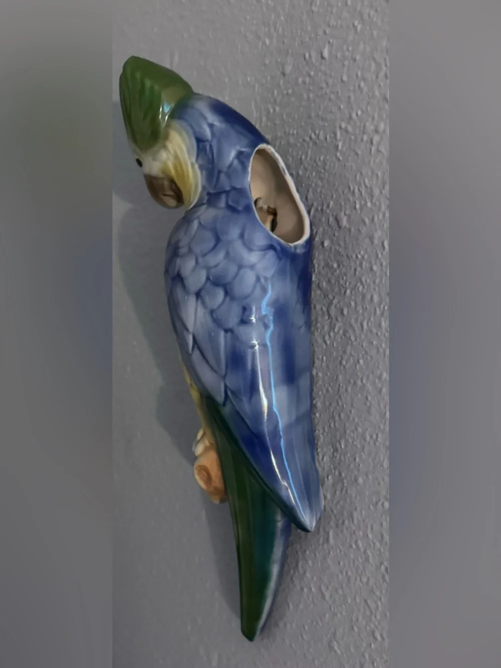 Pair of Vintage Hand-Painted Ceramic Parrot Wall Vases — Blue, Yellow & Green